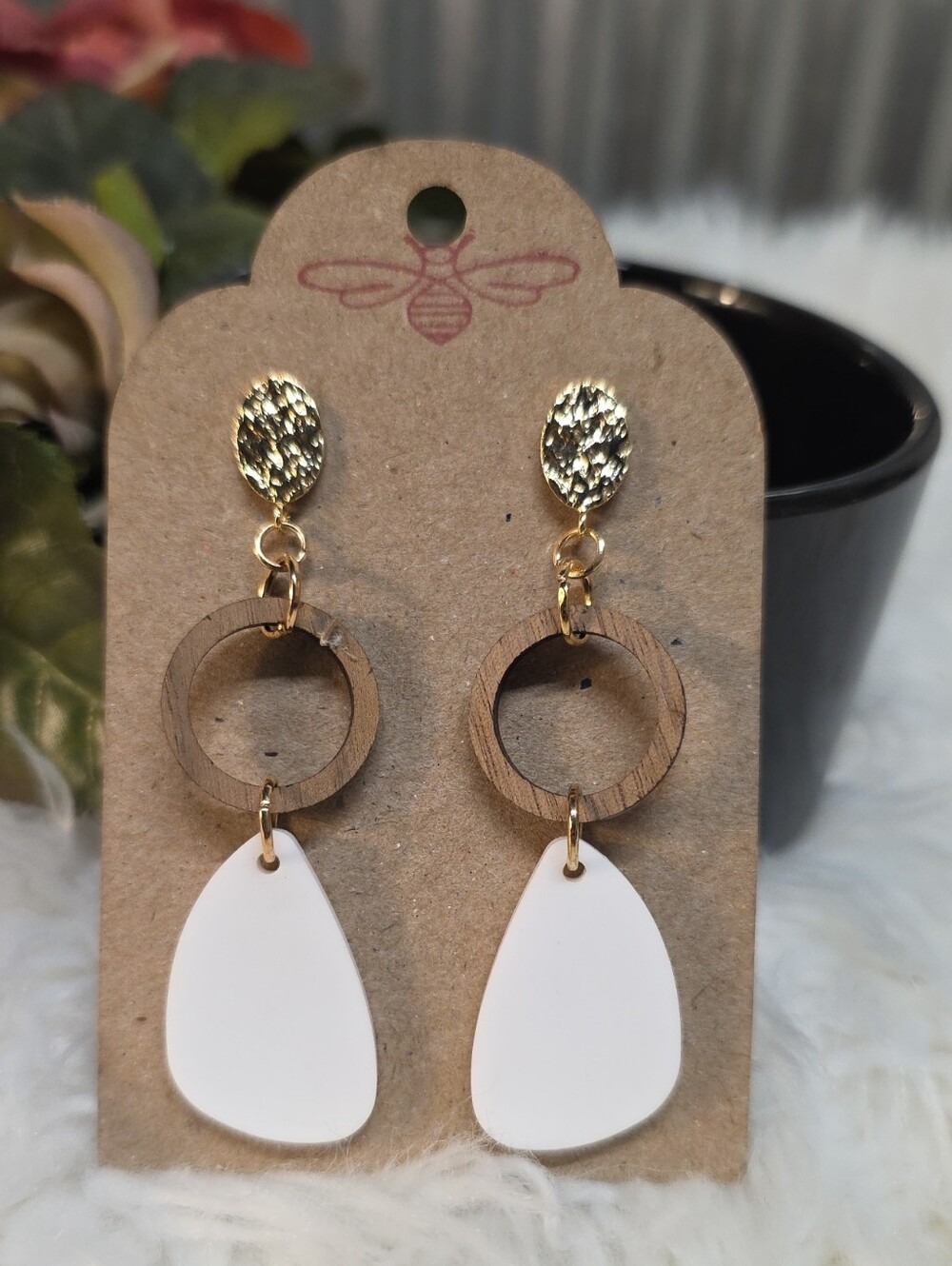 Gold-Accent Wood Ring Earrings with White Teardrop